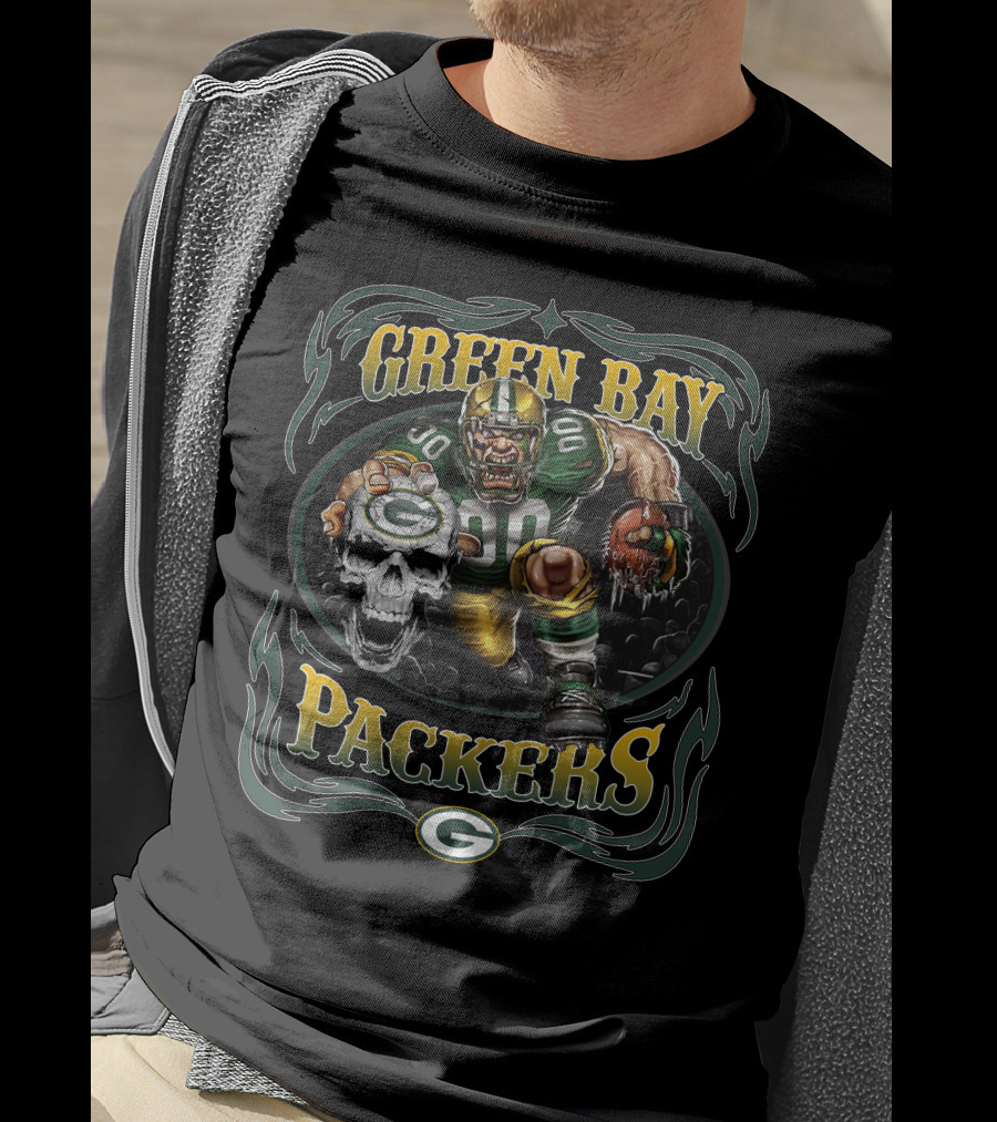 Green Bay Packers Fierce Football Warrior With Skull And Helmet T-Shirt