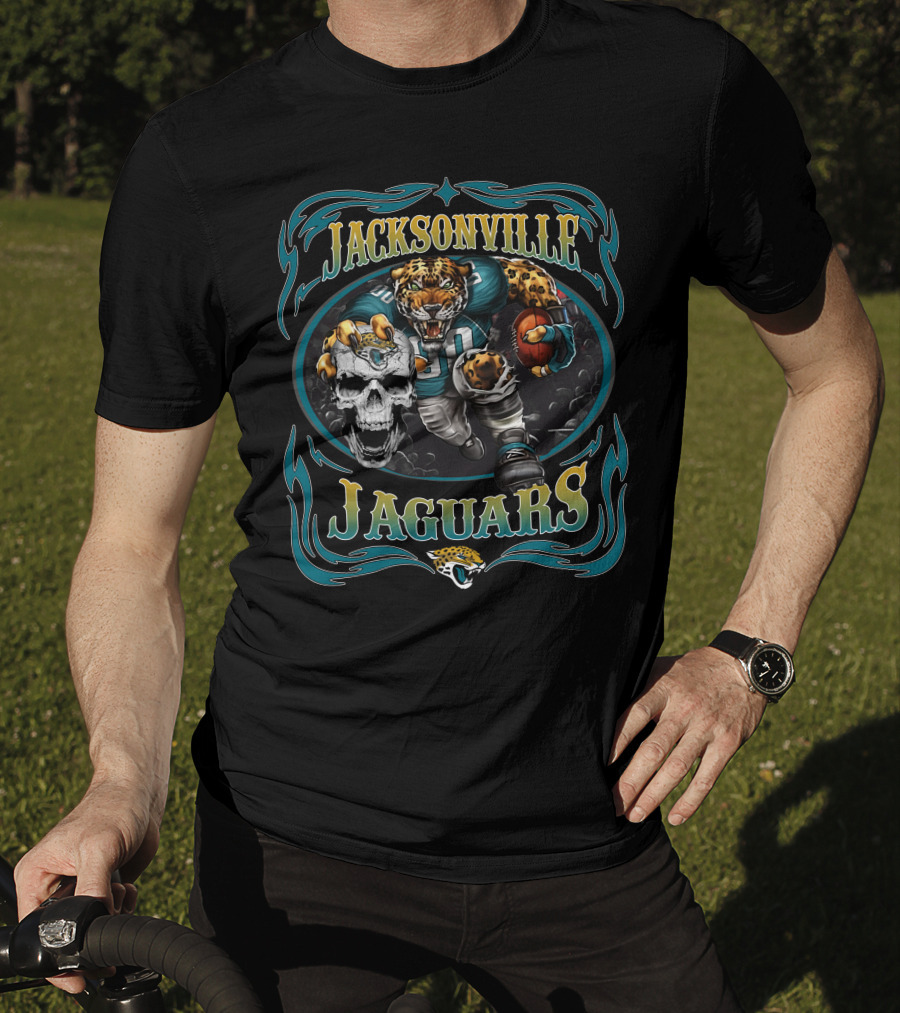 Jacksonville Jaguars Fierce Mascot And Skull Art With Teal Flames T-Shirt