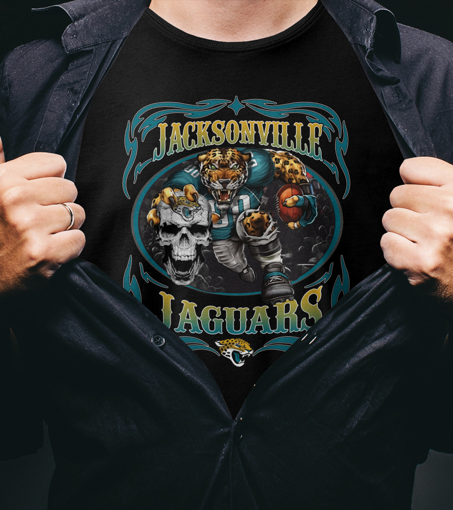 Jacksonville Jaguars Fierce Mascot And Skull Art With Teal Flames T-Shirt