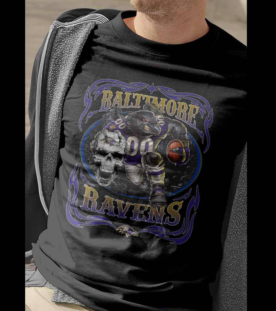 Baltimore Ravens Fierce Skull And Raven Player With Football T-Shirt