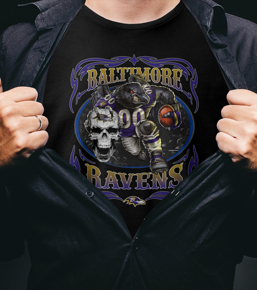 Baltimore Ravens Fierce Skull And Raven Player With Football T-Shirt