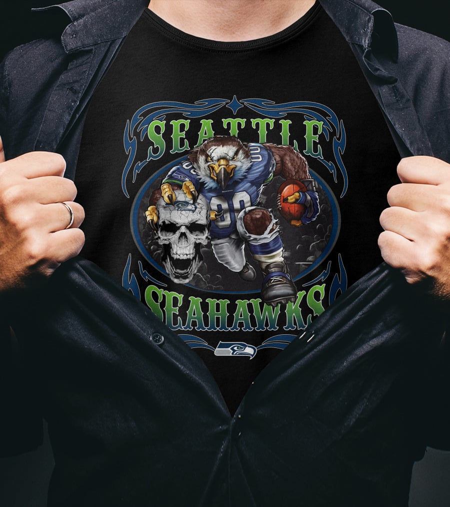 Seattle Seahawks Football Eagle Gridiron Skull On Black T-Shirt