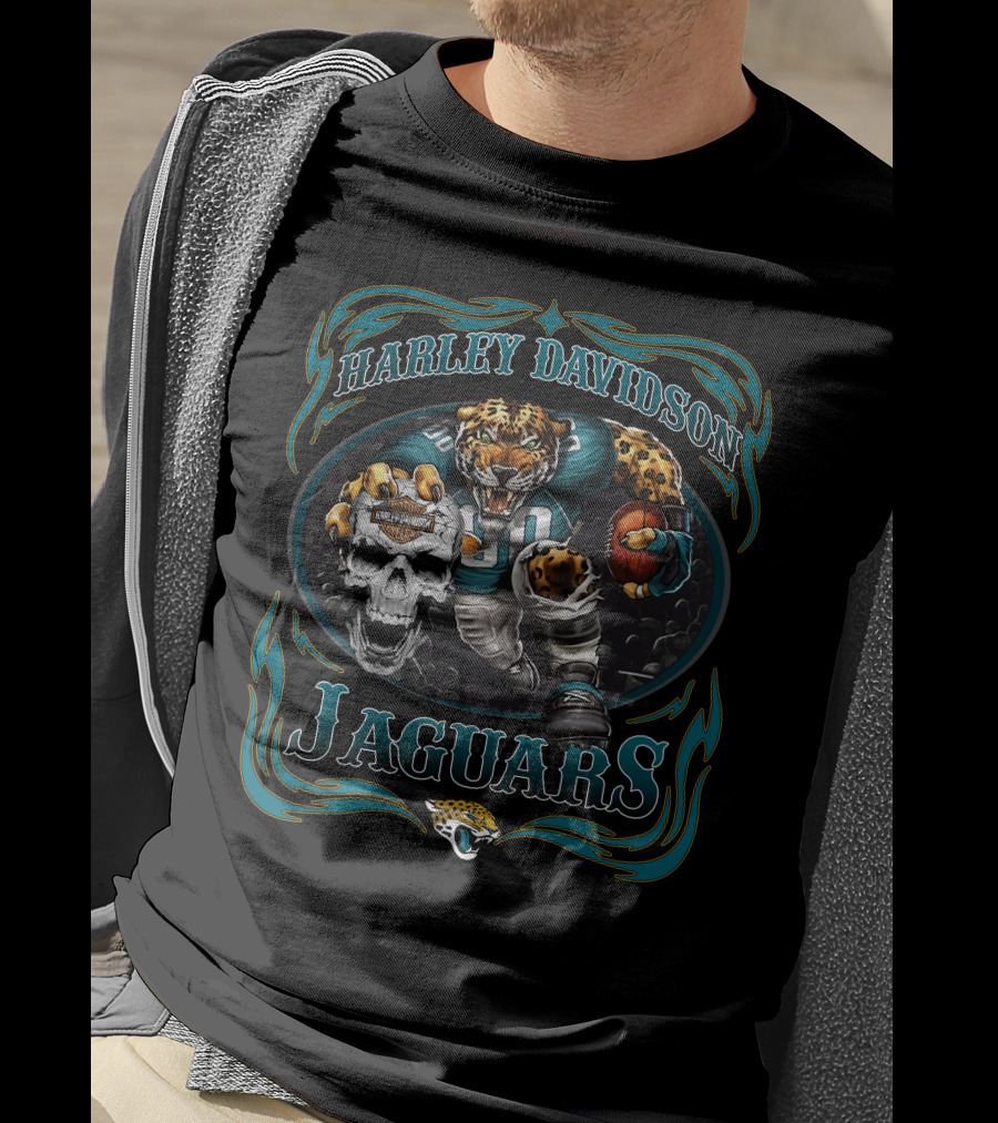 Harley Davidson Jaguars Football Player And Skull T-Shirt