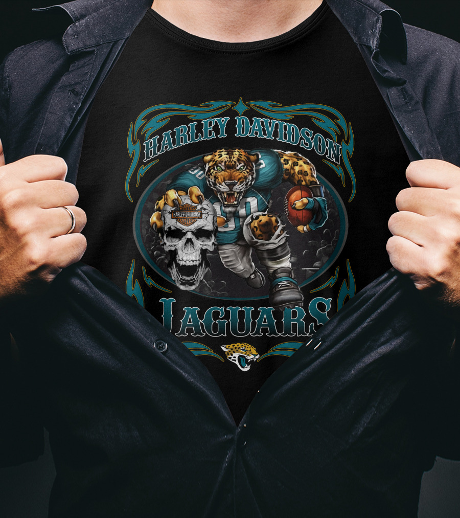 Harley Davidson Jaguars Football Player And Skull T-Shirt