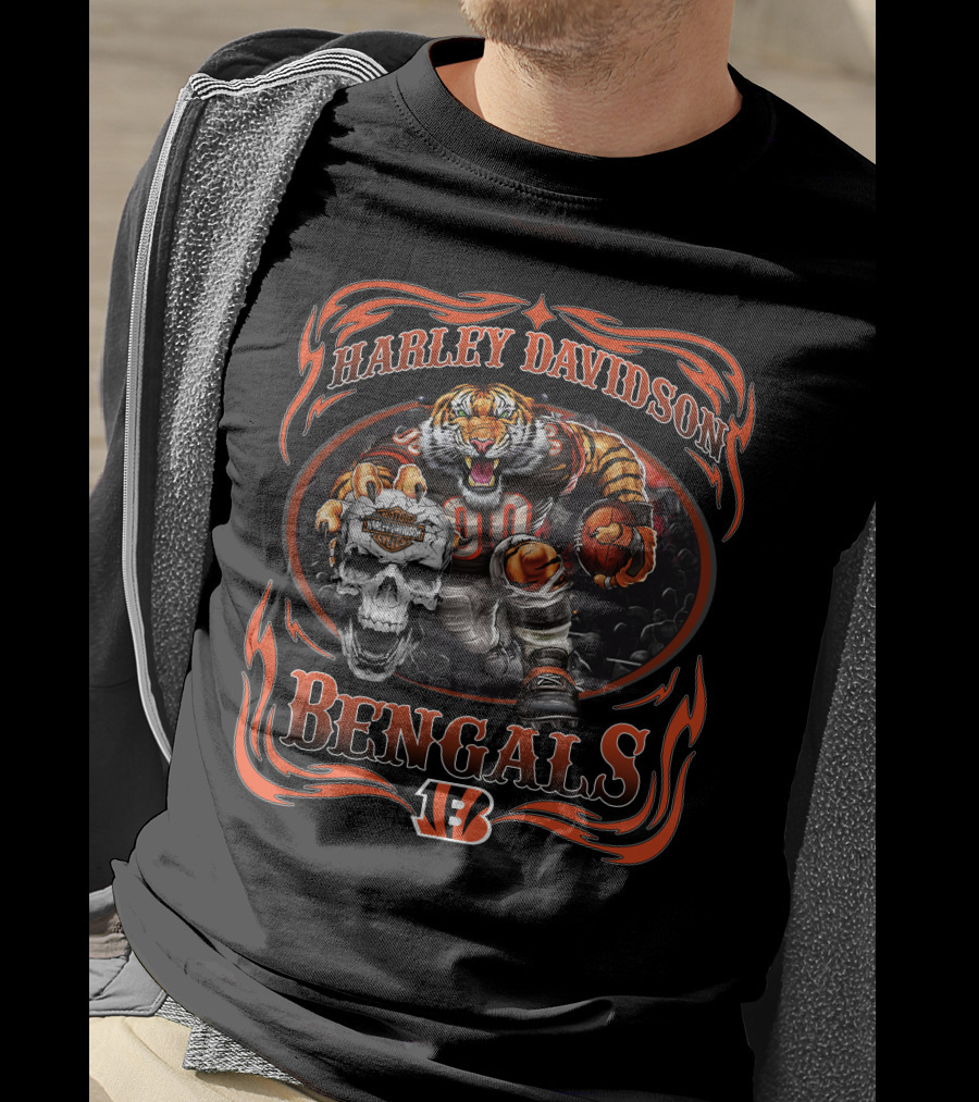 Harley Davidson Bengals 90 Football Tiger And Skull T-Shirt
