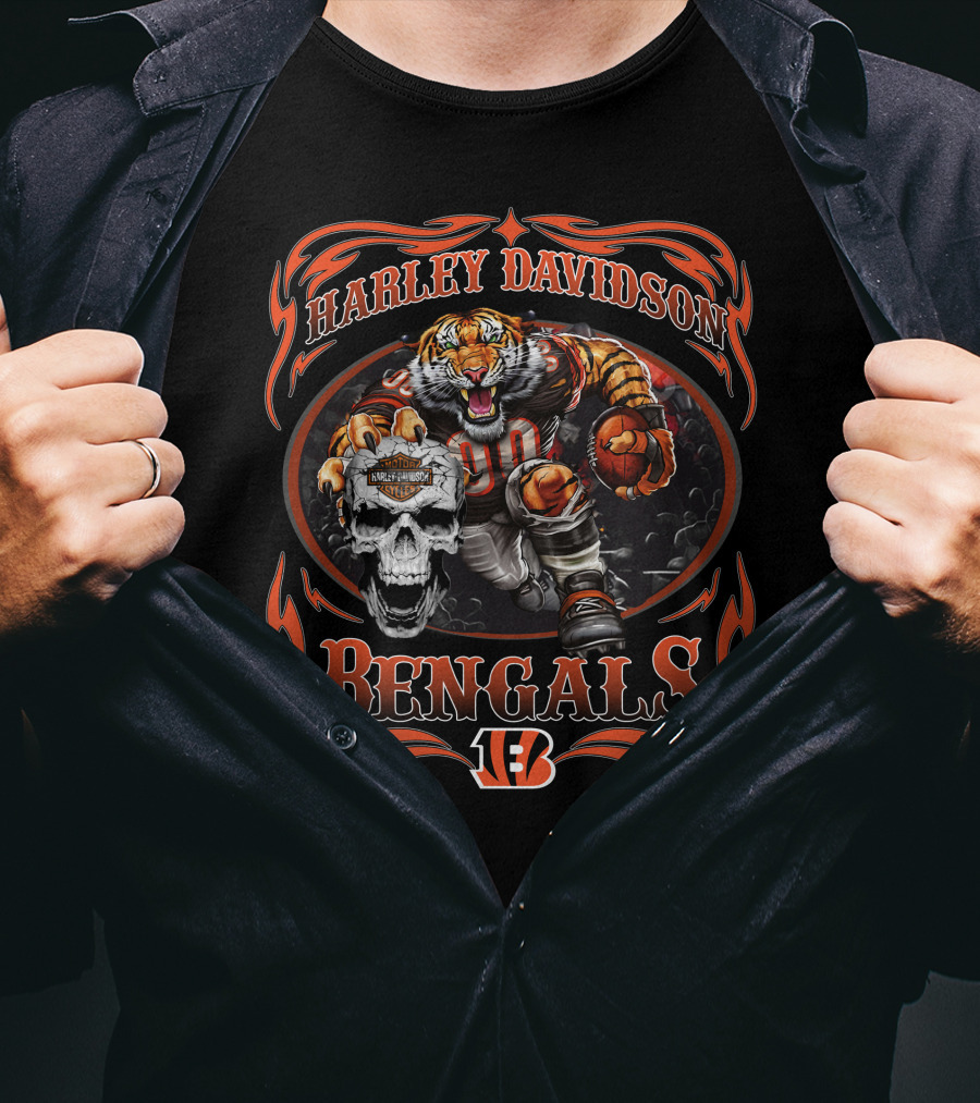 Harley Davidson Bengals 90 Football Tiger And Skull T-Shirt