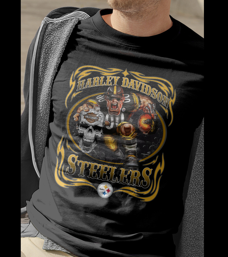 Harley Davidson Pittsburgh Steelers Football Skull Flame T-Shirt