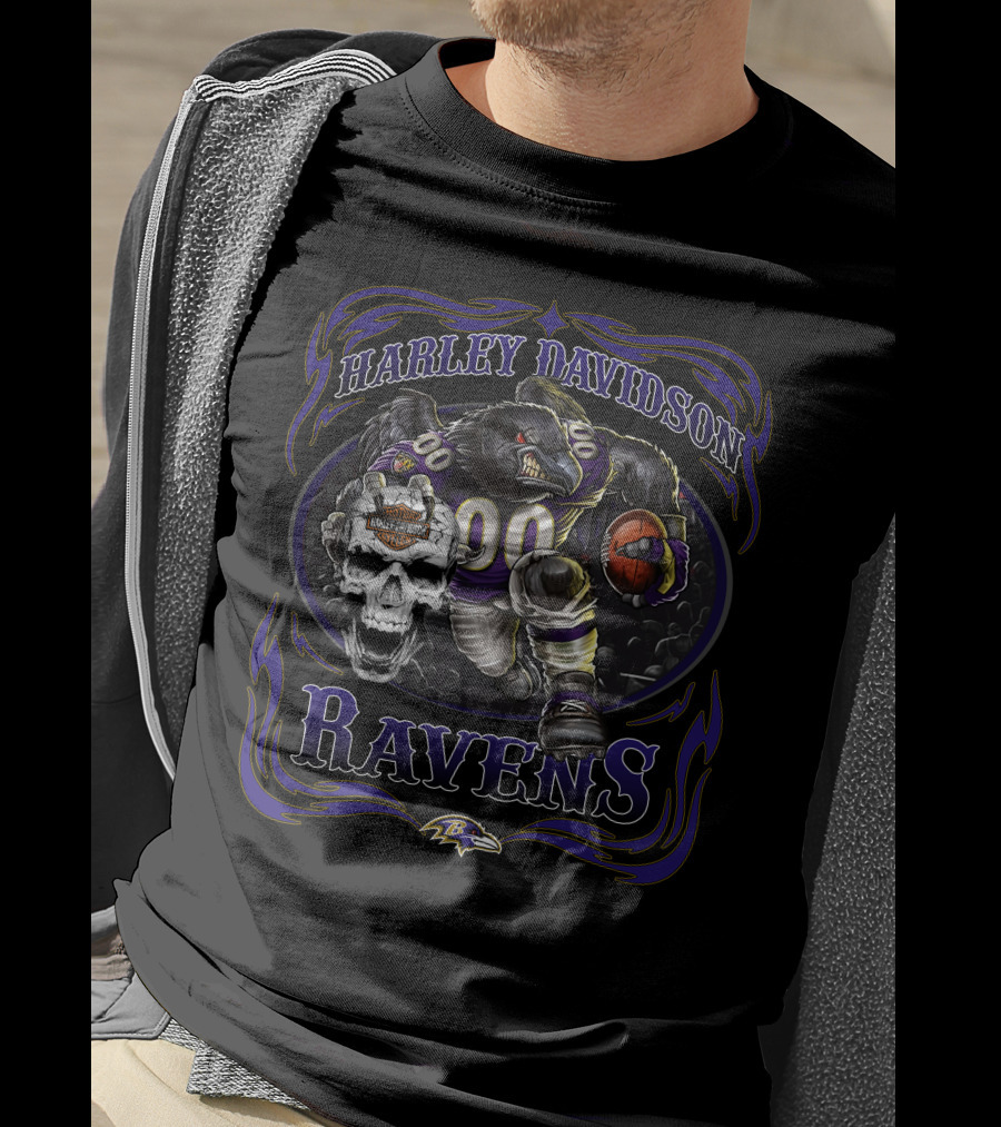 Harley Davidson Baltimore Ravens 90 Skull Logo Bear Football T-Shirt
