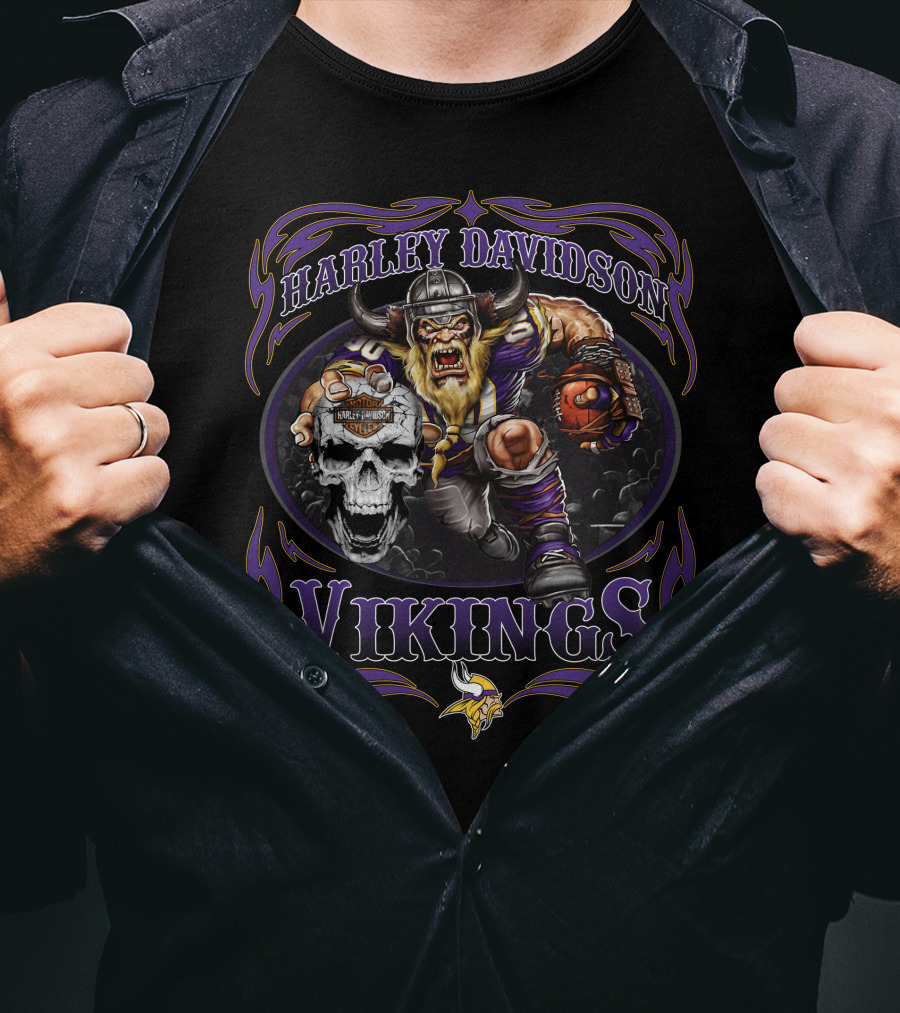 Harley Davidson Vikings Minnesota Football Skull T-Shirt