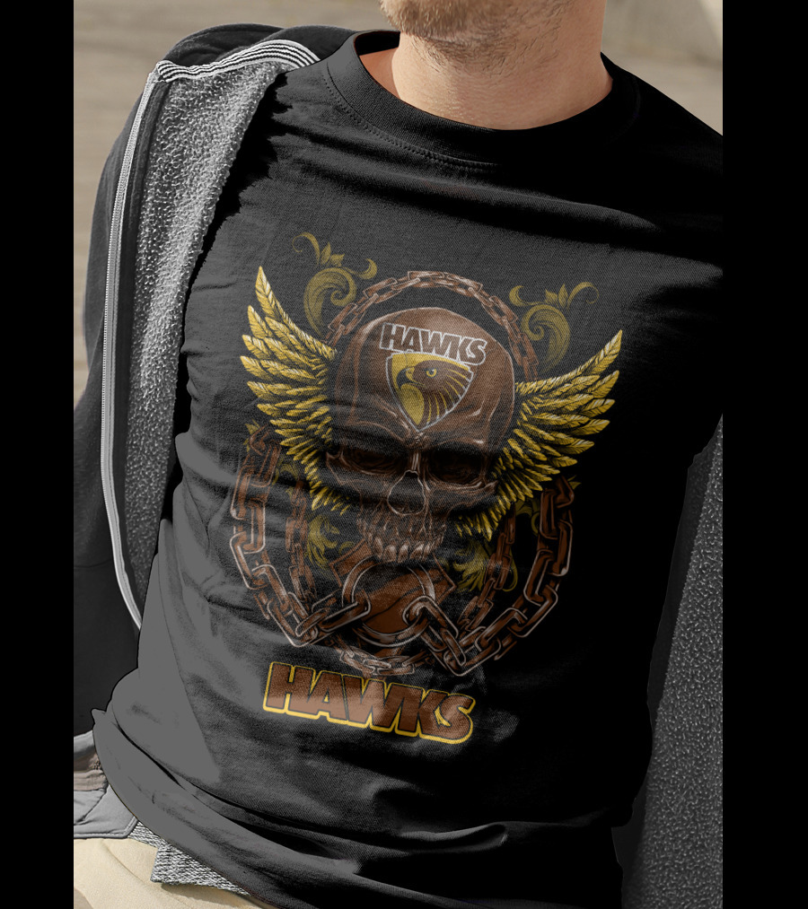 Hawthorn Hawks Skull With Wings And Chains T-Shirt