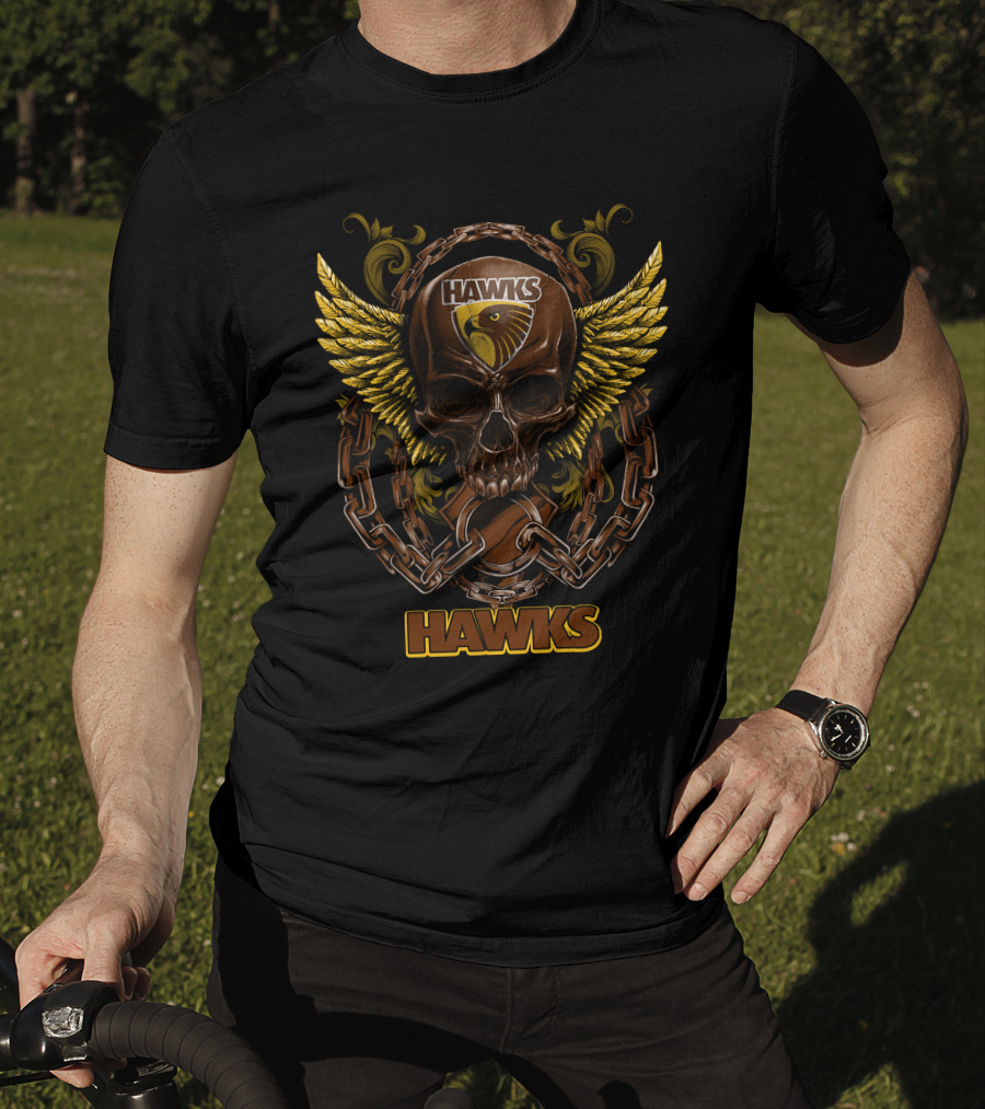 Hawthorn Hawks Skull With Wings And Chains T-Shirt