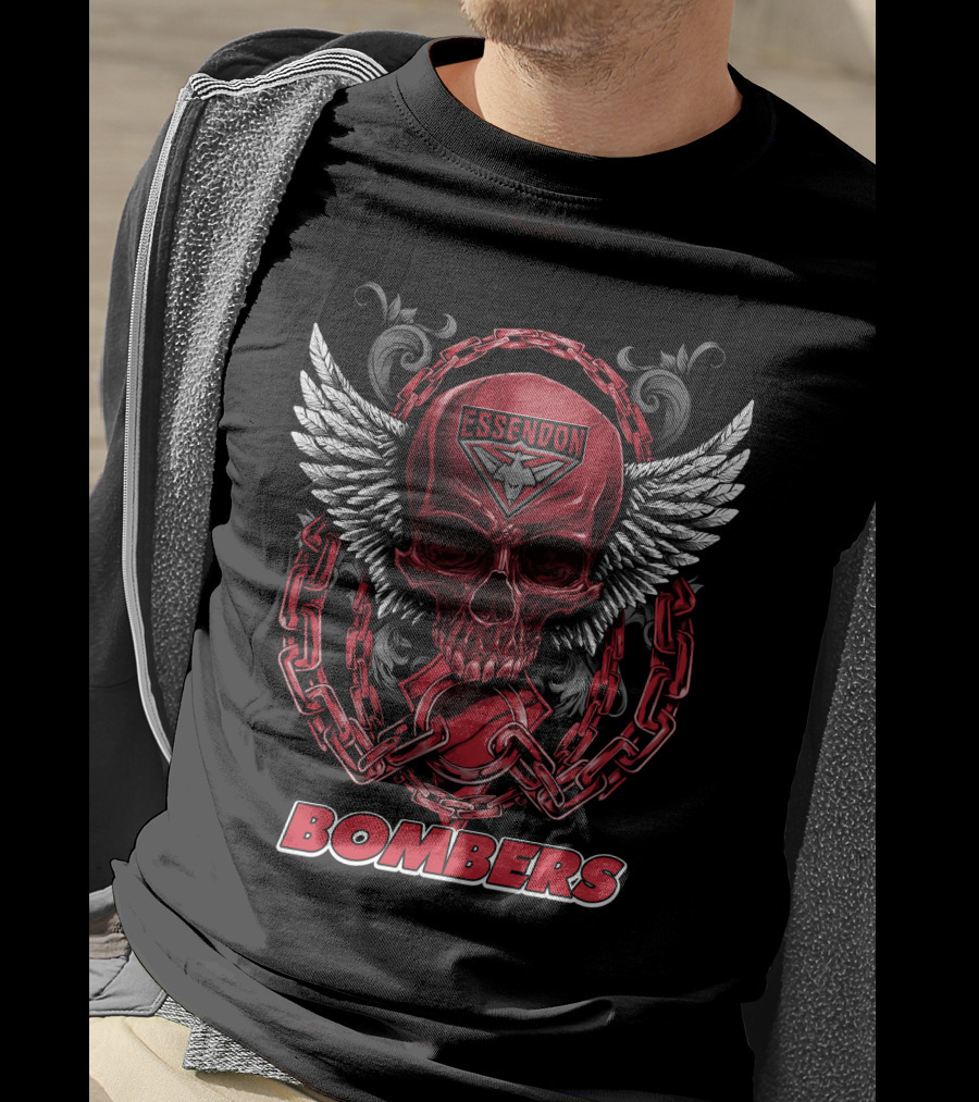 Essendon Bombers Skull With Wings And Chains T-Shirt