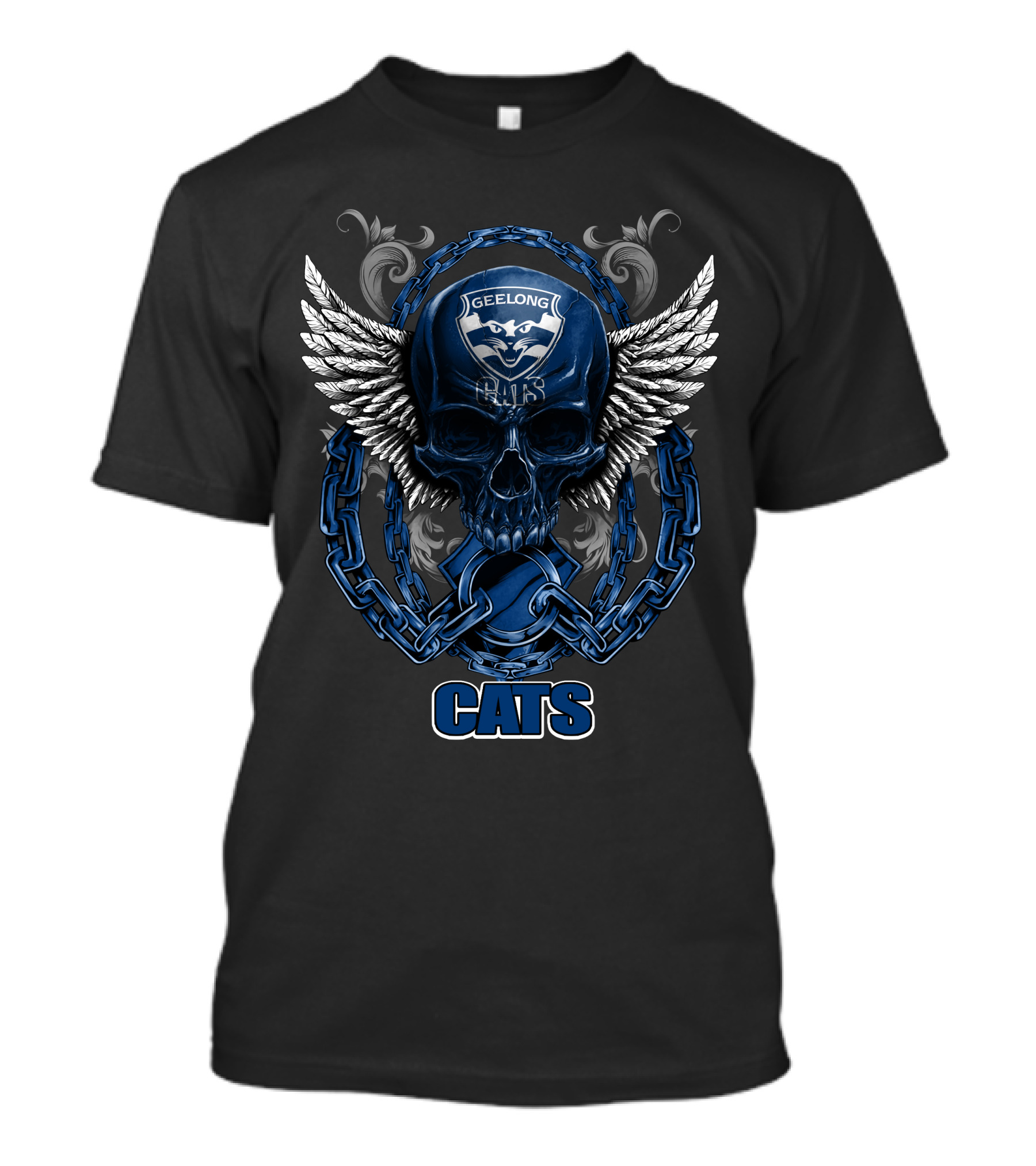 Geelong Cats Skull With Chains And Wings T-Shirt