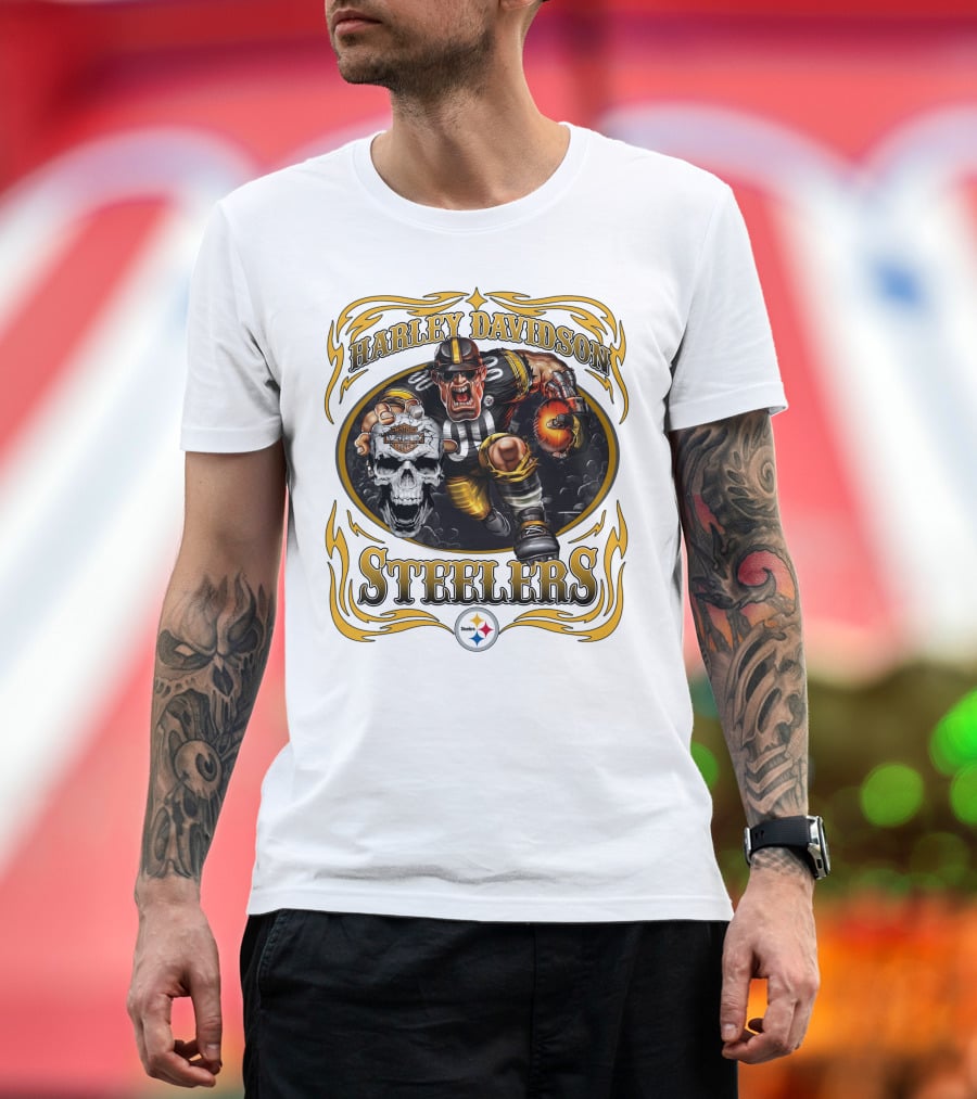 Harley Davidson Steelers Rugged Football Warrior With Fiery Helmet And Skull T-Shirt