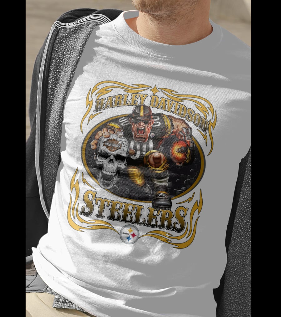 Harley Davidson Steelers Rugged Football Warrior With Fiery Helmet And Skull T-Shirt