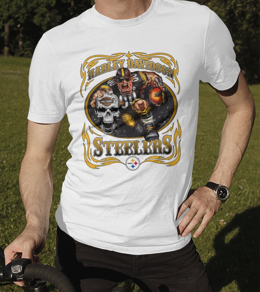 Harley Davidson Steelers Rugged Football Warrior With Fiery Helmet And Skull T-Shirt