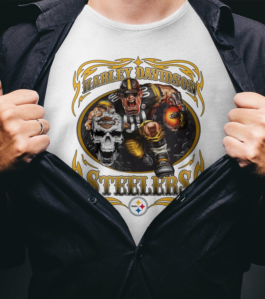Harley Davidson Steelers Rugged Football Warrior With Fiery Helmet And Skull T-Shirt