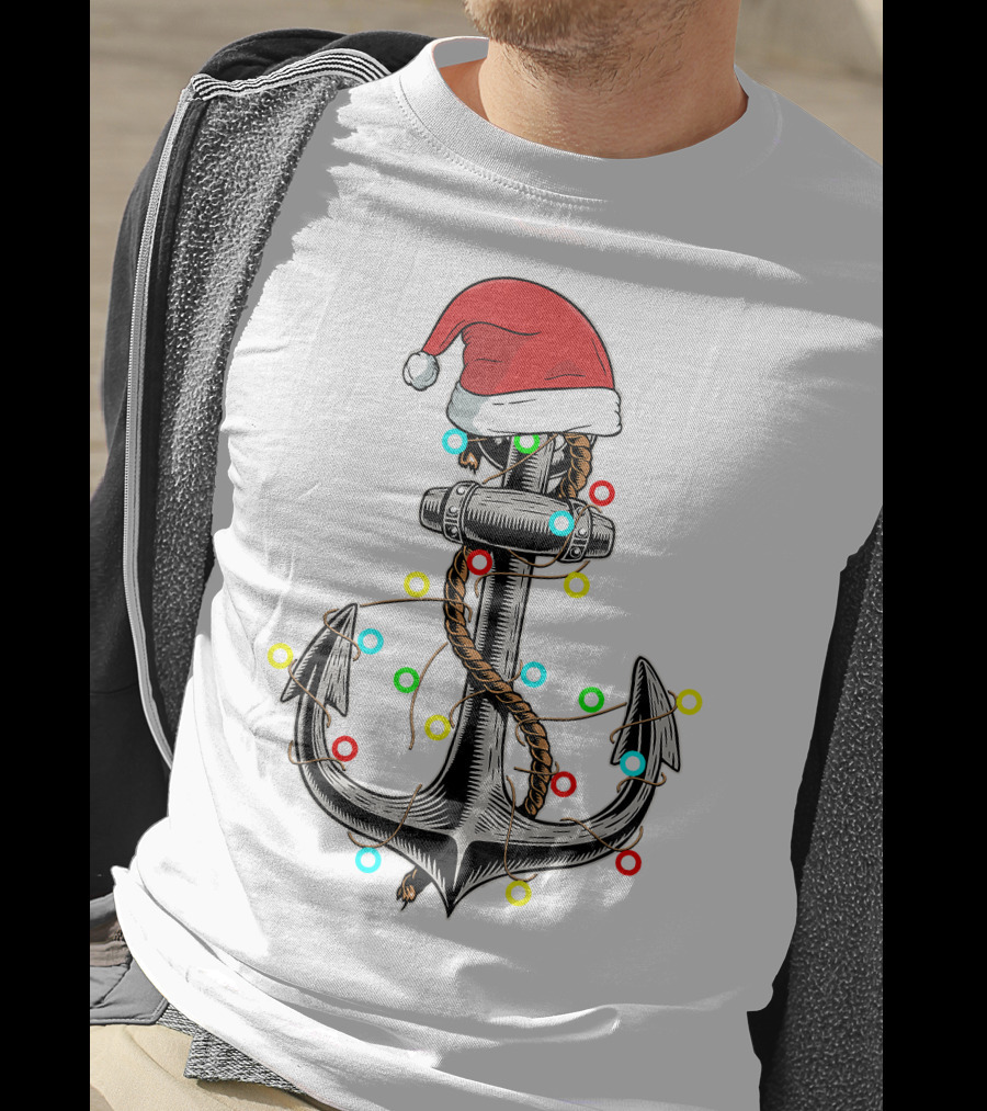 Christmas Lights Santa Hat Anchor Boating Sailing Funny Boat T-Shirt