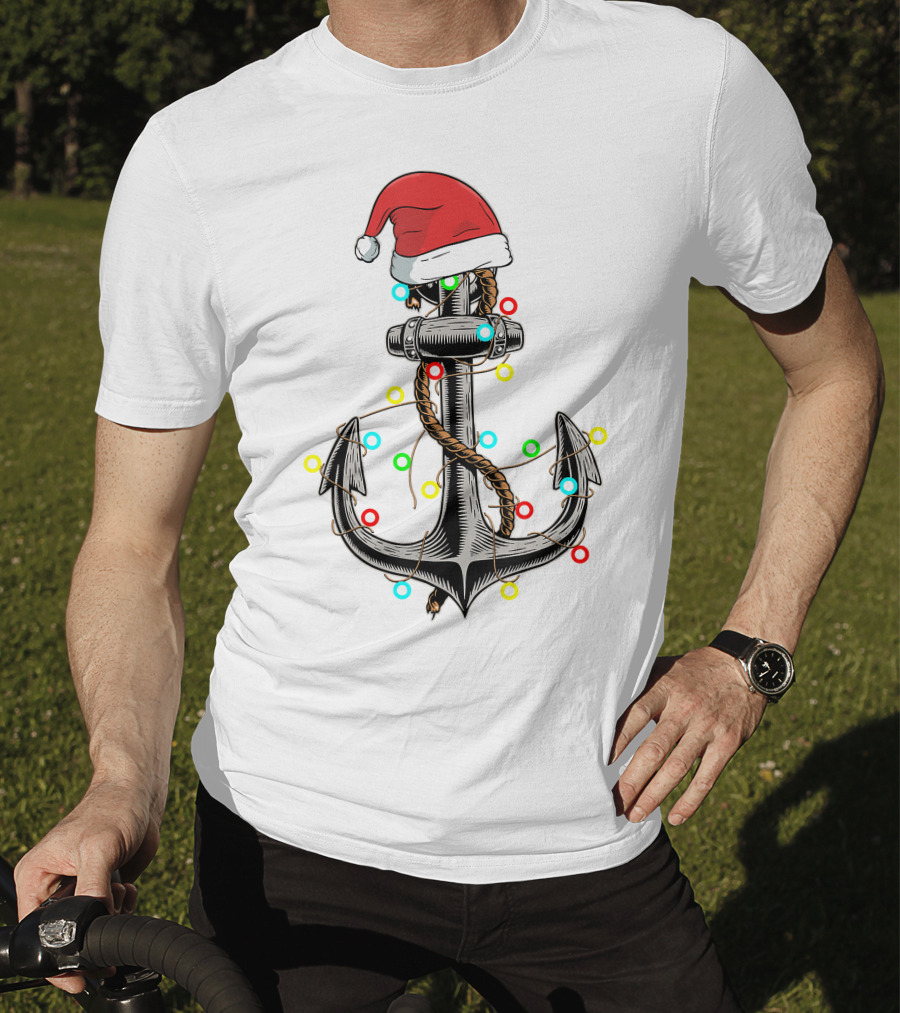 Christmas Lights Santa Hat Anchor Boating Sailing Funny Boat T-Shirt