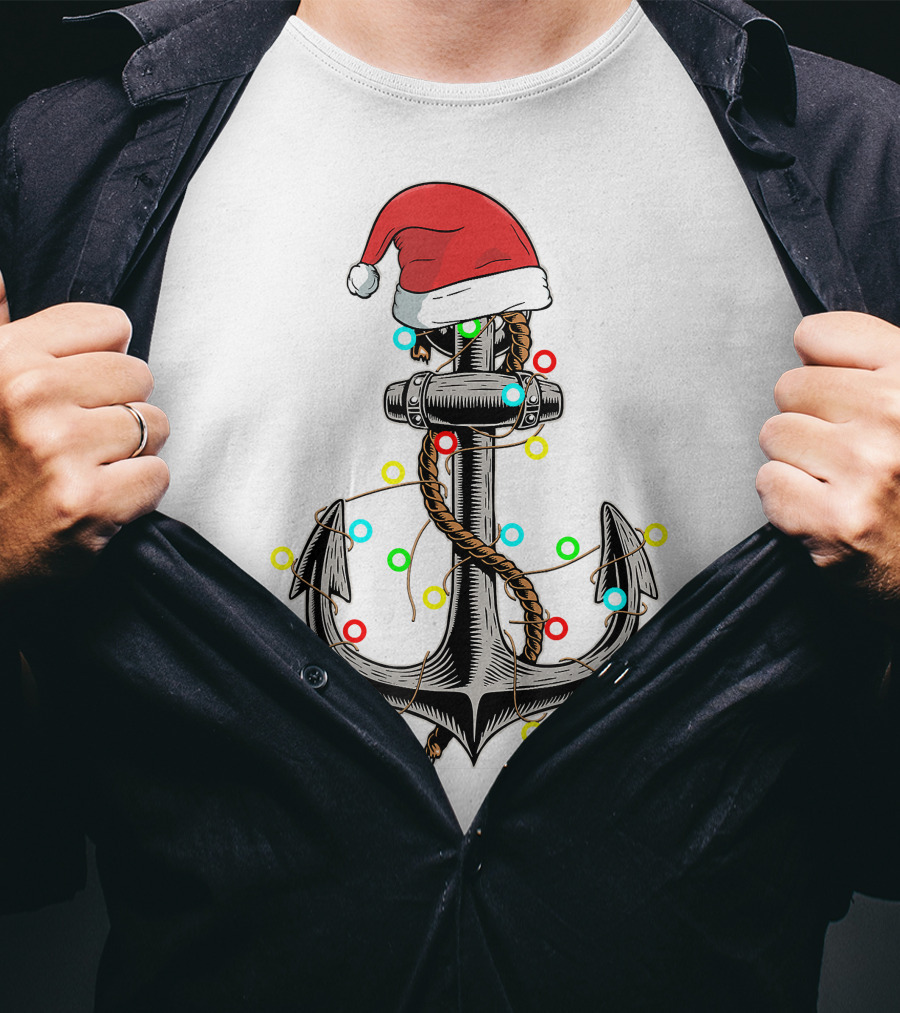 Christmas Lights Santa Hat Anchor Boating Sailing Funny Boat T-Shirt