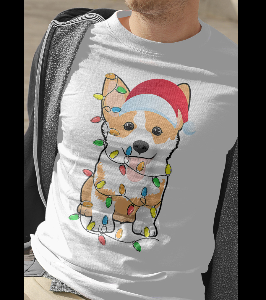 Christmas Corgi Funny Santa Hat Xmas Lights Raglan Baseball T-Shirt