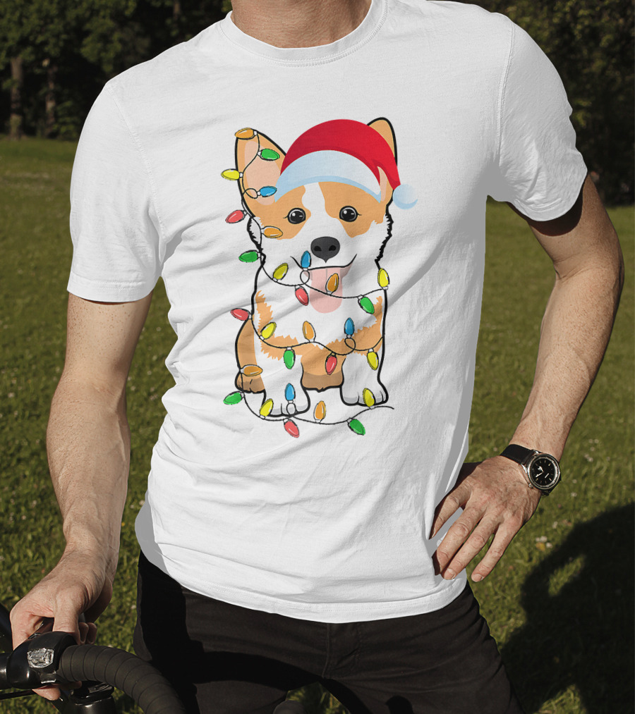 Christmas Corgi Funny Santa Hat Xmas Lights Raglan Baseball T-Shirt