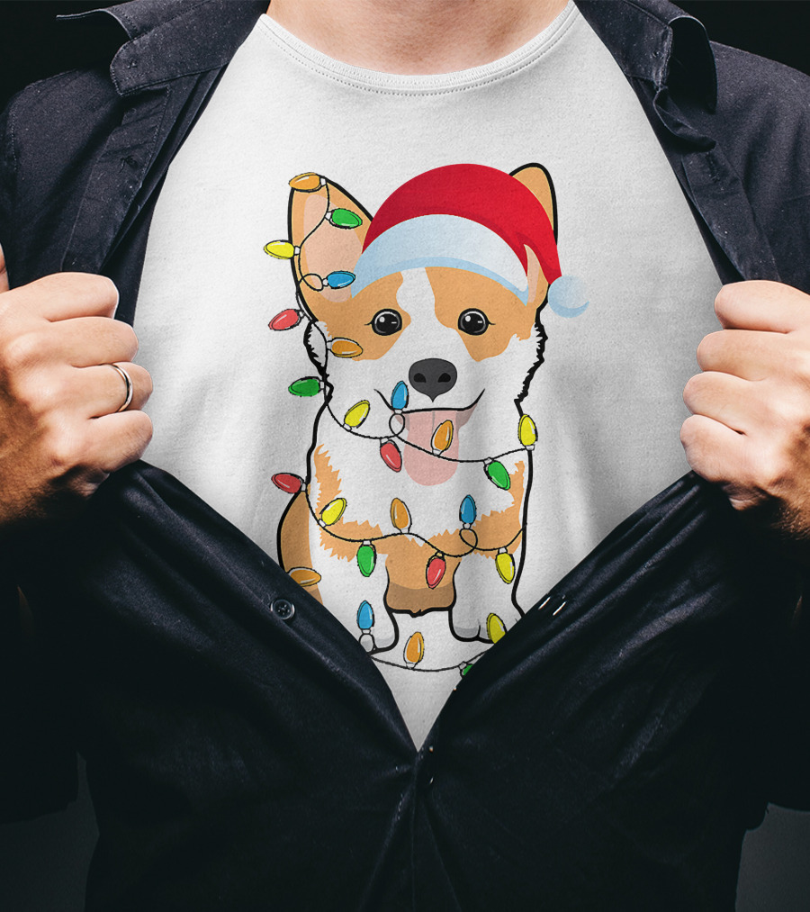 Christmas Corgi Funny Santa Hat Xmas Lights Raglan Baseball T-Shirt