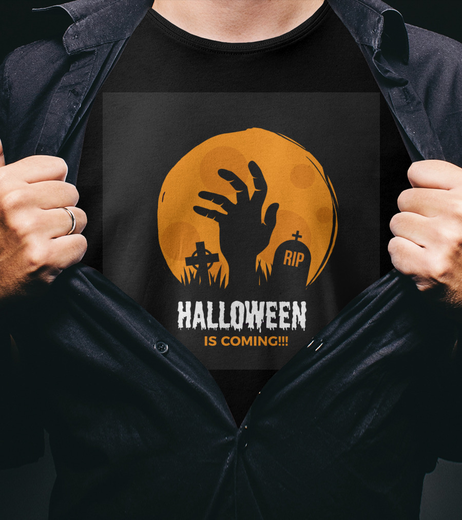 Halloween Is Coming Rising Zombie Hand And RIP Gravestones T-Shirt
