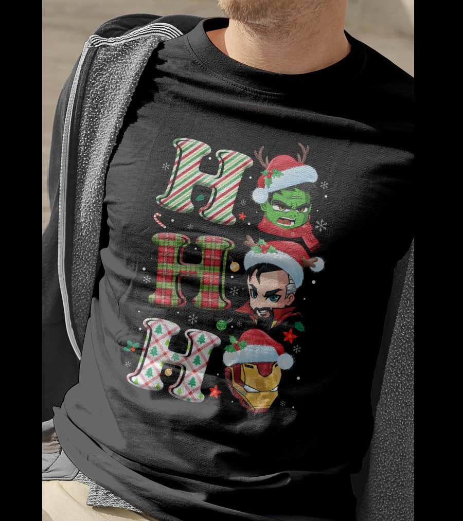 Ho Ho Ho Christmas Heroes Hulk Santa Hulk Ironman T-Shirt