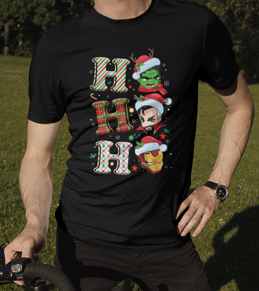 Ho Ho Ho Christmas Heroes Hulk Santa Hulk Ironman T-Shirt