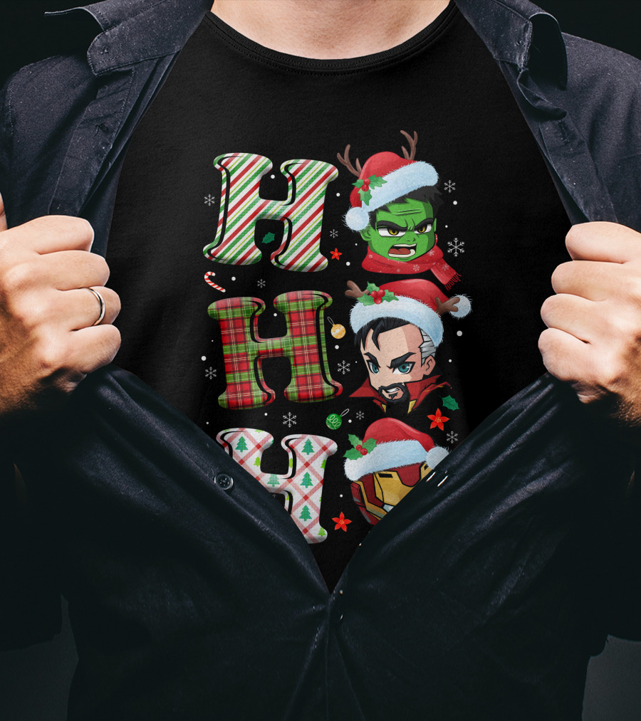 Ho Ho Ho Christmas Heroes Hulk Santa Hulk Ironman T-Shirt