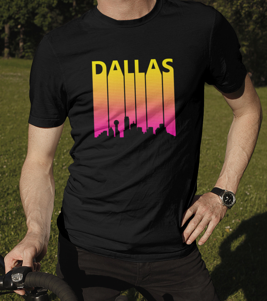 Dallas 1980s Retro Skyline Silhouette In Neon Gradient T-Shirt