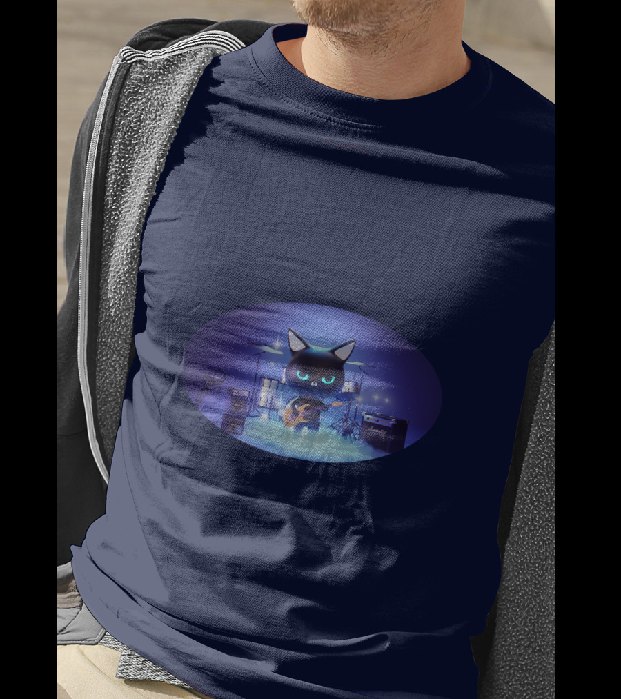 Cat Playing Guitar On Stage With Drums And Amps T-Shirt