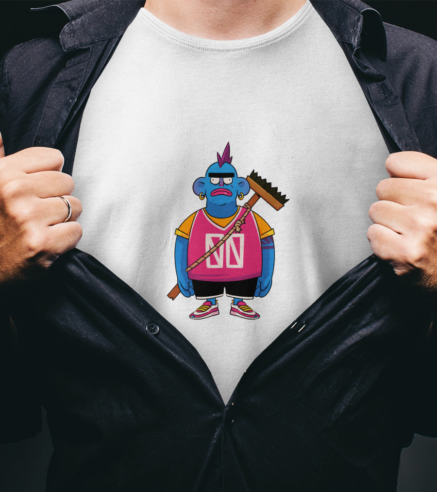 DA CREW Blue Cartoon Character With Broom And Purple Mohawk T-Shirt