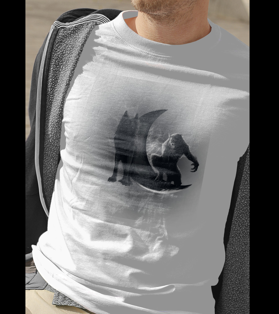 300219 Wolf And Werewolf On Crescent Moon With Lightning T-Shirt