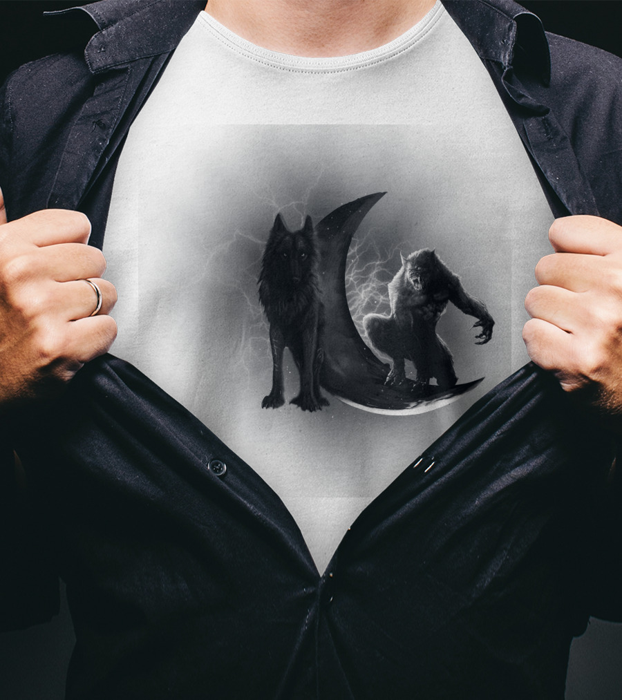 300219 Wolf And Werewolf On Crescent Moon With Lightning T-Shirt
