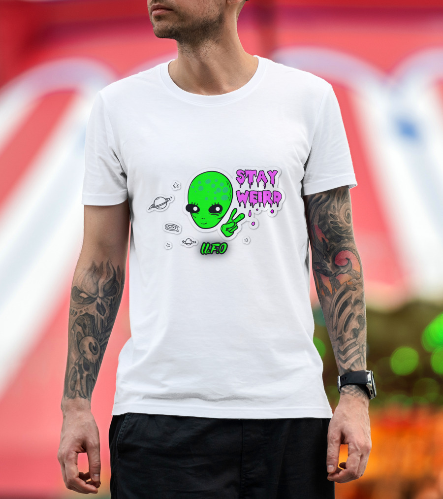 Stay Weird U.F.O. Alien Peace Sign Planet Stickers T-Shirt