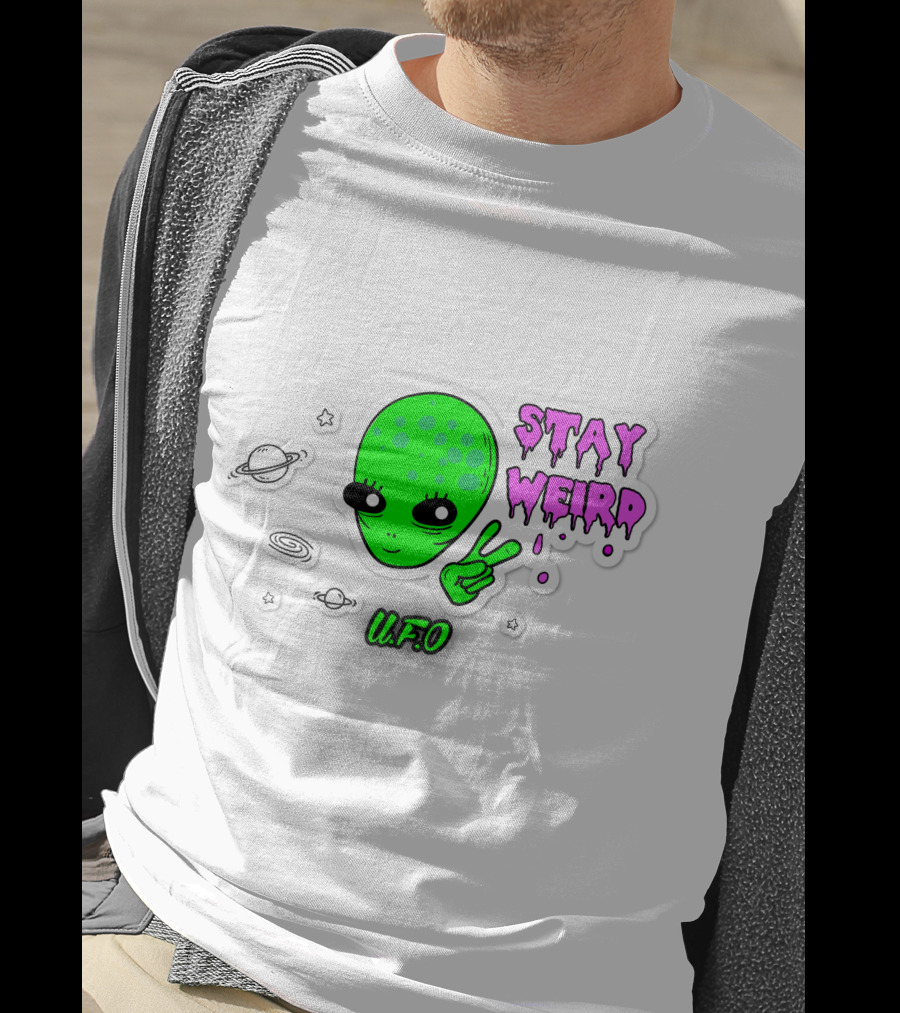 Stay Weird U.F.O. Alien Peace Sign Planet Stickers T-Shirt