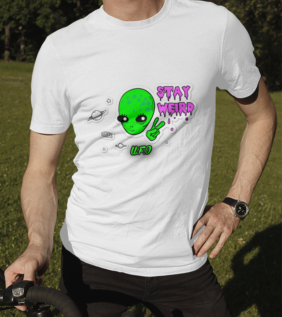 Stay Weird U.F.O. Alien Peace Sign Planet Stickers T-Shirt
