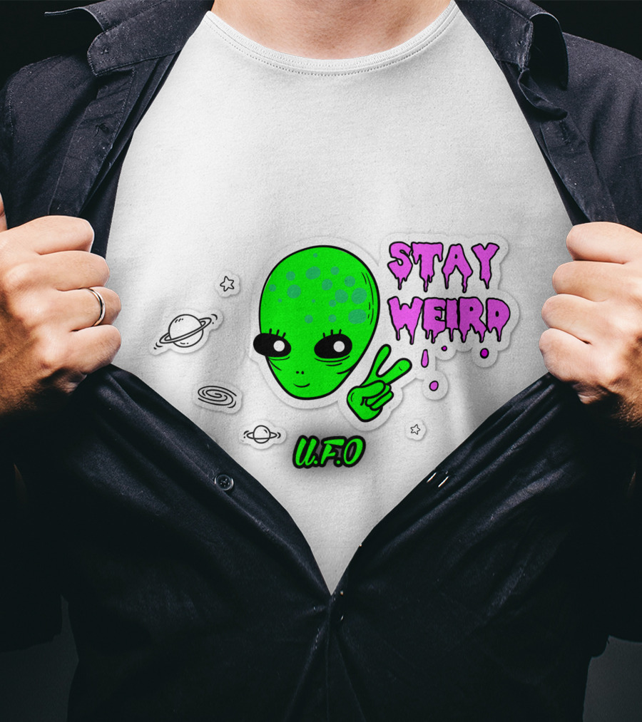 Stay Weird U.F.O. Alien Peace Sign Planet Stickers T-Shirt