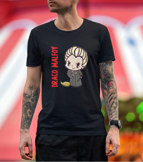 Premium T-Shirt: Draco Malfoy Chibi Character with Broom T-Shirt Draco Malfoy Chibi Character with Broom T-Shirt