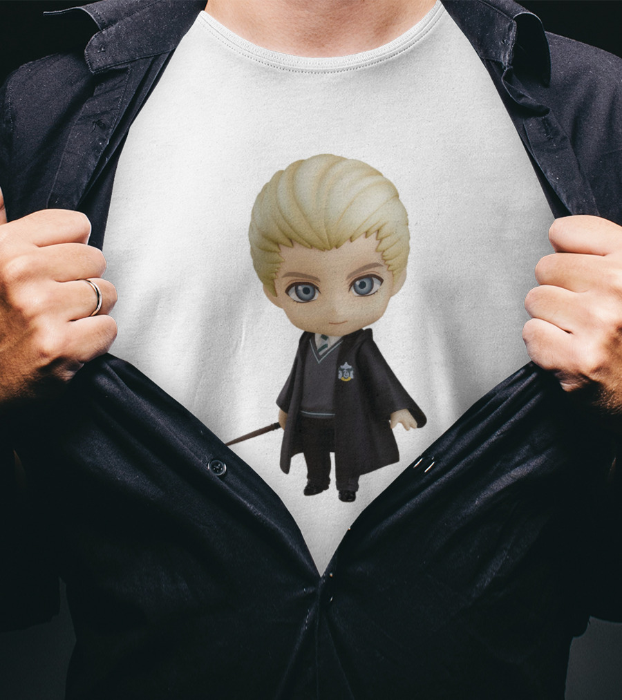 Draco Malfoy Chibi Character In Black Cloak Displaying Wand T-Shirt