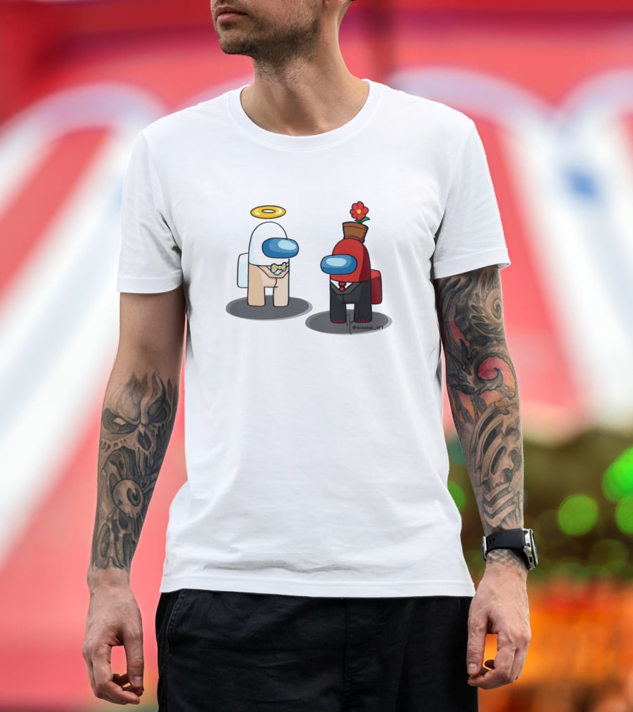 Among Us Ineffable Husbands Angel And Demon Characters In Suit And Bow Tie With Halo And Flowerpot Hat T-Shirt