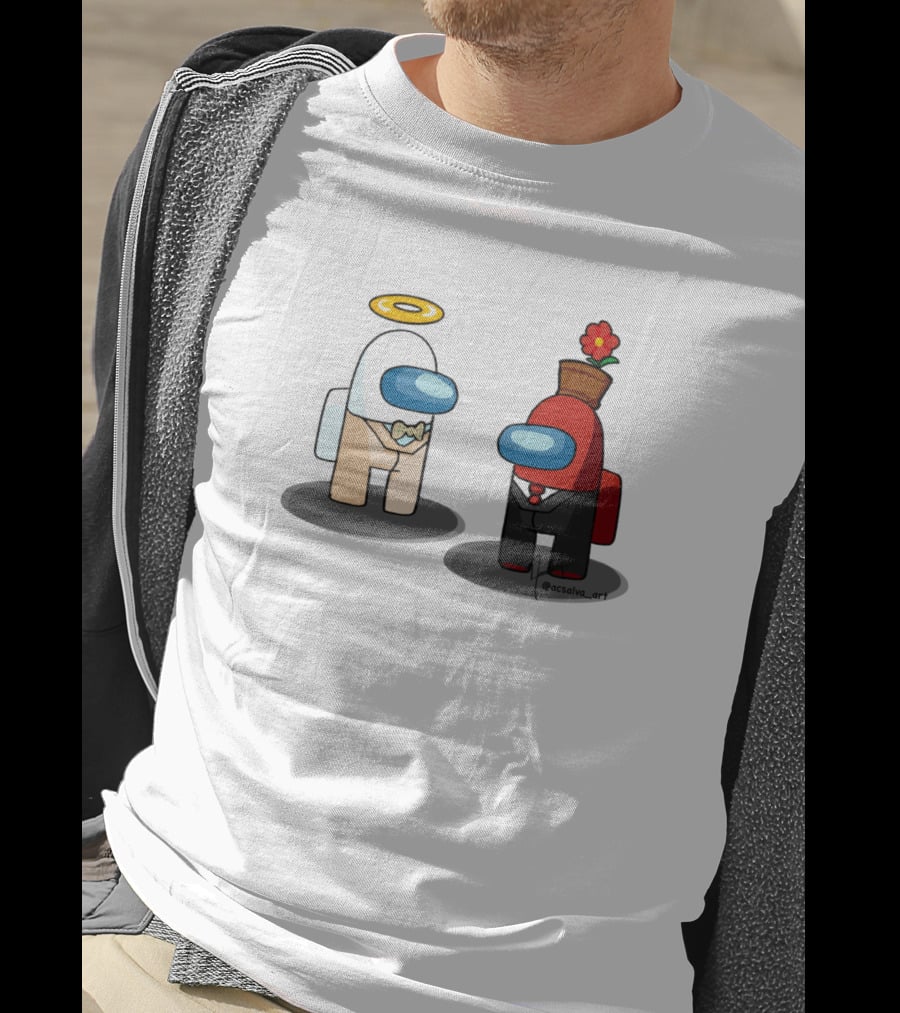 Among Us Ineffable Husbands Angel And Demon Characters In Suit And Bow Tie With Halo And Flowerpot Hat T-Shirt