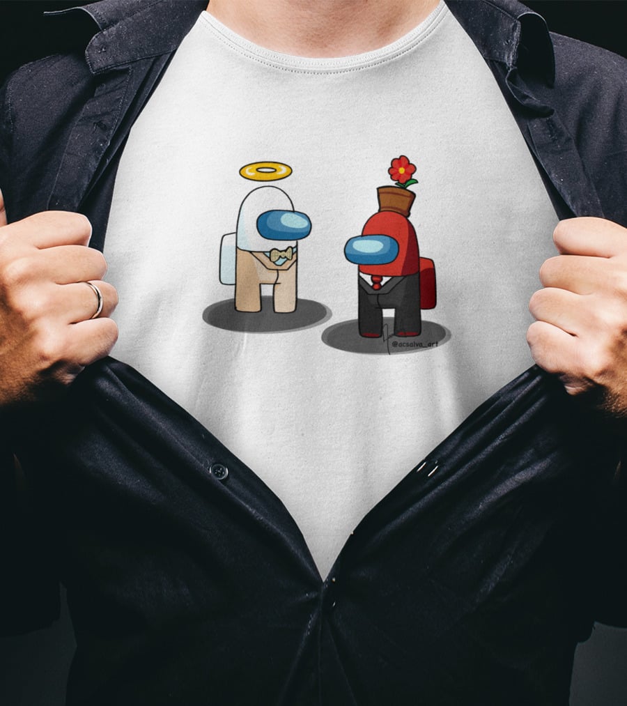 Among Us Ineffable Husbands Angel And Demon Characters In Suit And Bow Tie With Halo And Flowerpot Hat T-Shirt
