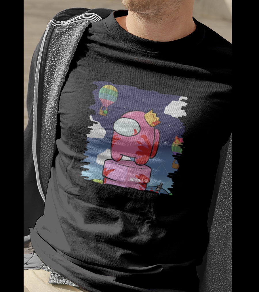 Haydeink Wrong Jelly Bean Among Us Crewmate With Crown Hot Air Balloon Sky Scene T-Shirt