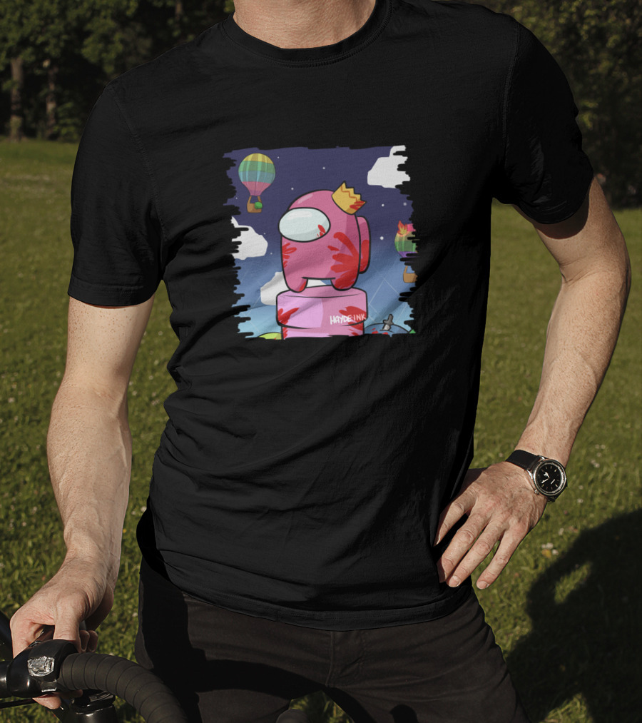 Haydeink Wrong Jelly Bean Among Us Crewmate With Crown Hot Air Balloon Sky Scene T-Shirt