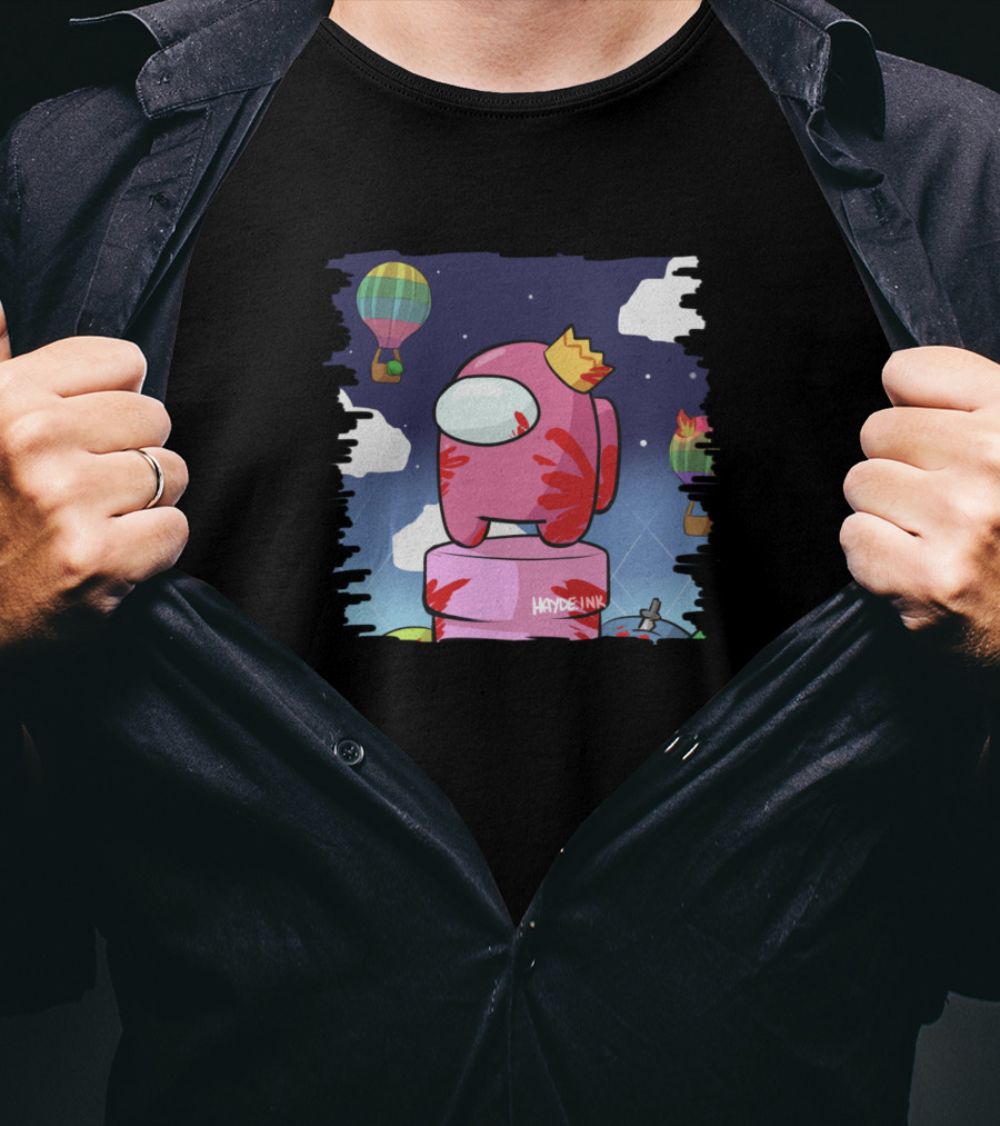 Haydeink Wrong Jelly Bean Among Us Crewmate With Crown Hot Air Balloon Sky Scene T-Shirt