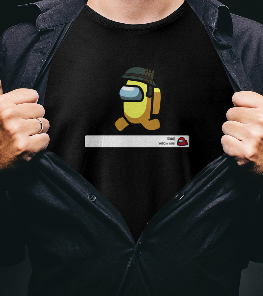 Among Us Yellow Sus Game Character With Helmet And Chat Text T-Shirt