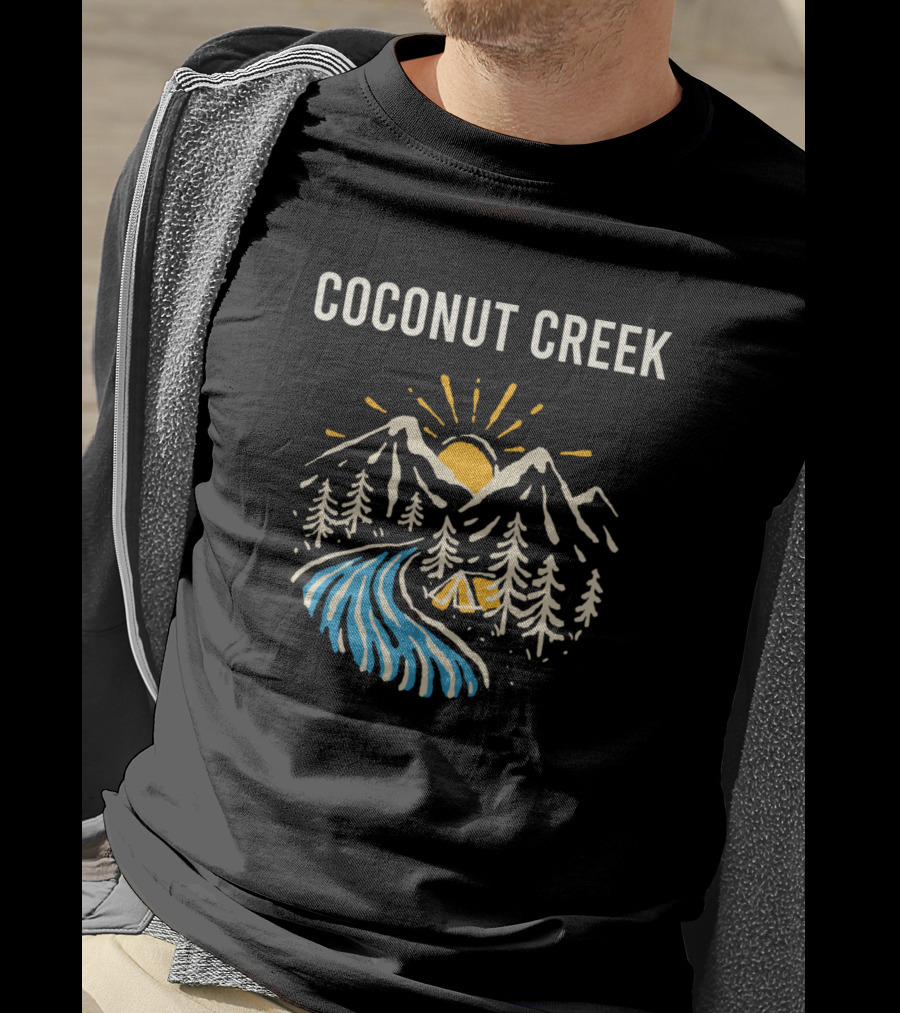 Coconut Creek Mountains Sunrise And River Camping Scene T-Shirt